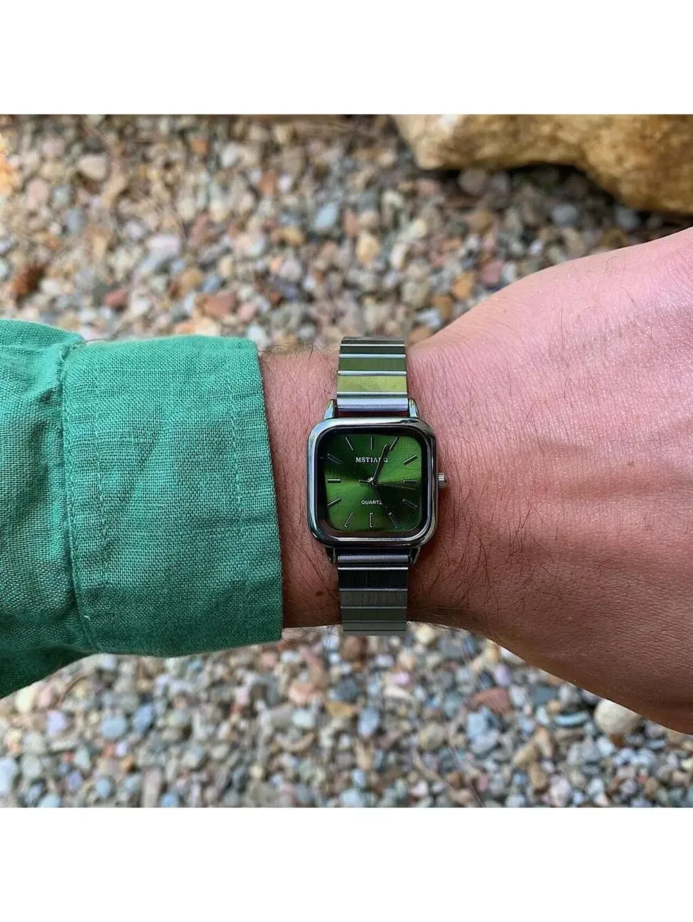 Green Face Stainless silver square watch. Classy sporty style watch. Stainless